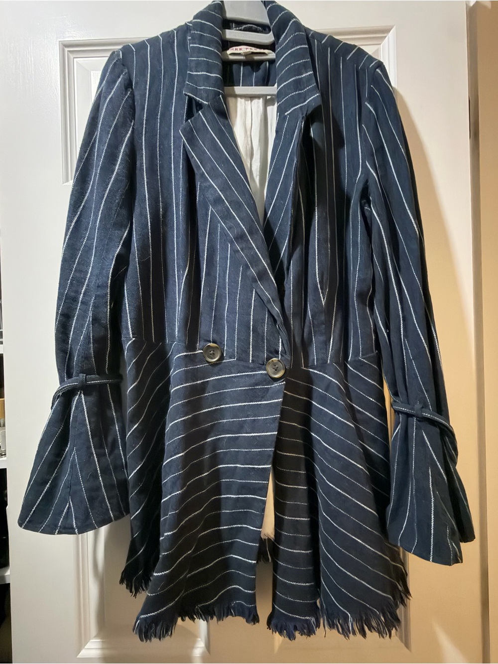 Free People Stella Navy Blue Pinstripe, Frayed hem blazer